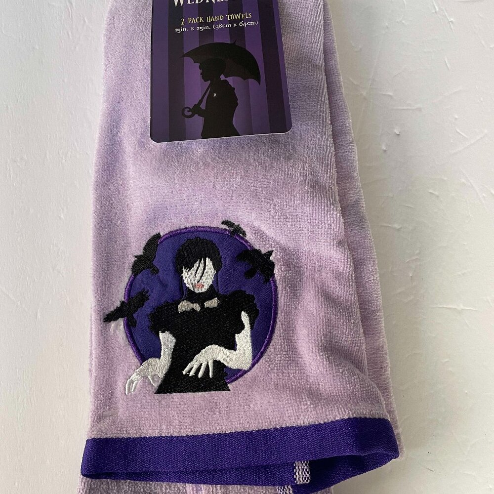 New Halloween Wednesday Addams 2 pack hand towel lilac & black Gothic Crows